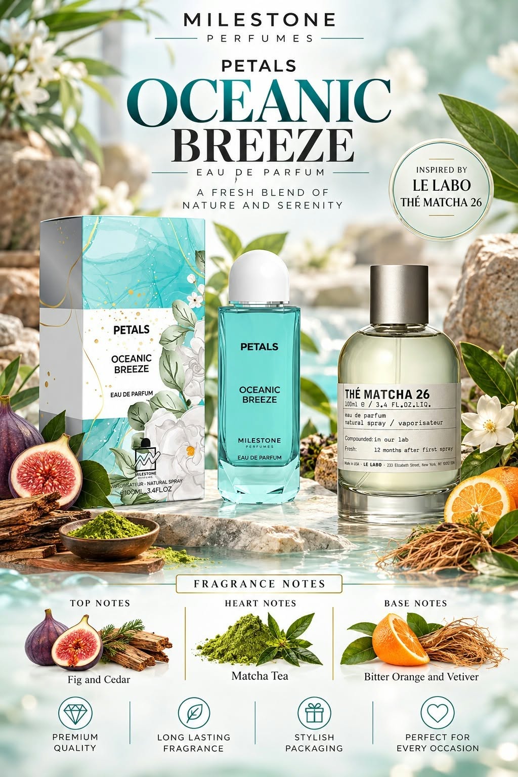 Inspired by Le labo the Matcha 26 - MILESTONE Petals Oceanic Breeze 100ML Unisex EDP
