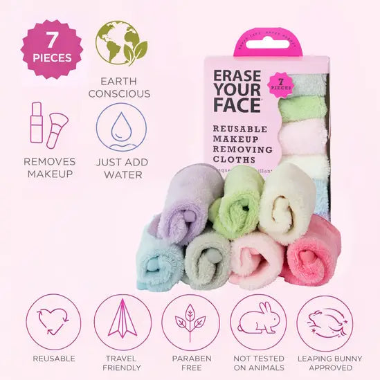 Erase Your Face Makeup removing Cloths 7pk Pastel