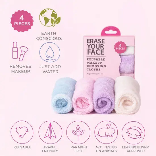 Erase Your Face Makeup removing Cloths 4pk Pastel