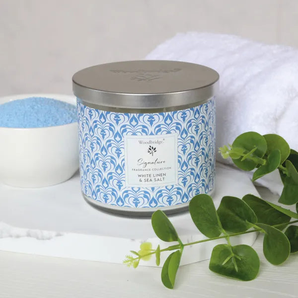 White Linen & Sea Salt Wax Tumbler Candle Jar by Woodbridge 410g
